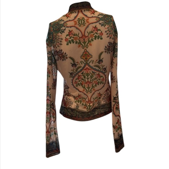 Peach Cream Multi Romantic Floral Mesh Mock Neck Long Sleeve Top Size Large - Picture 8 of 11